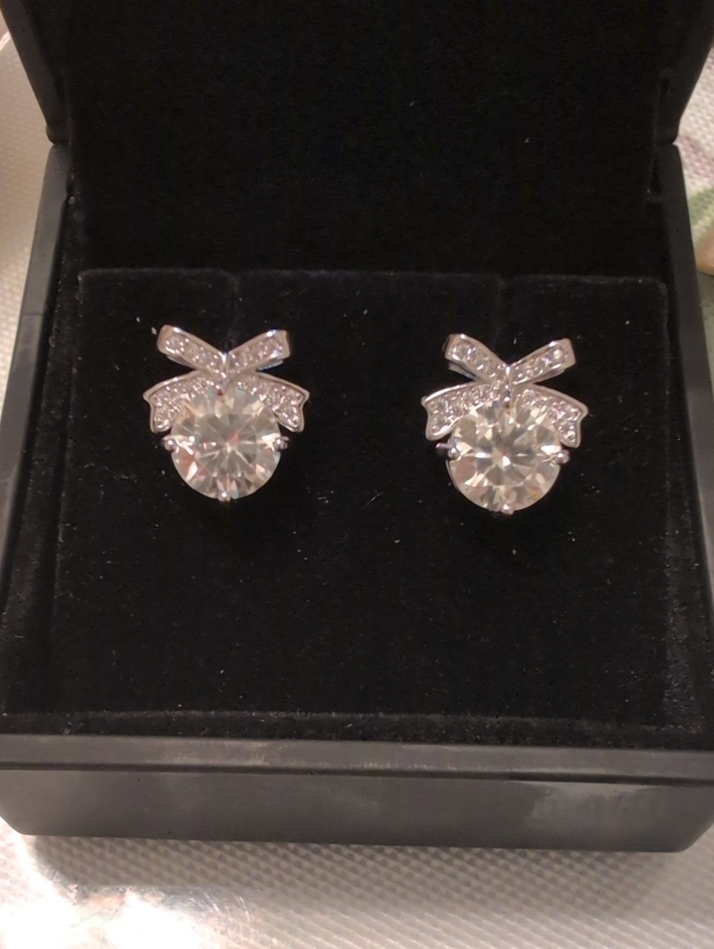 Silver Bow Stud Earrings with Clear Crystal Center